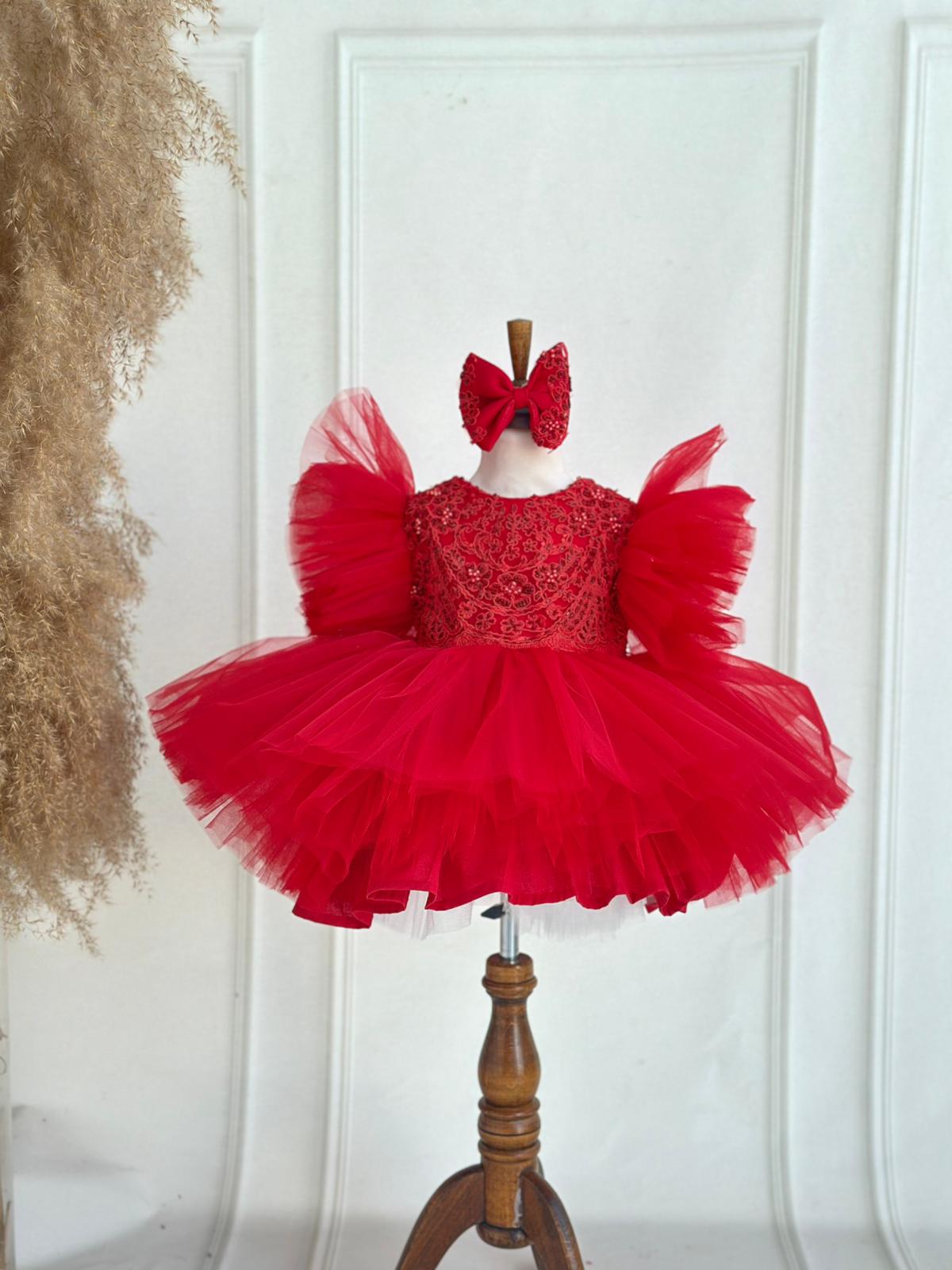 Luxury Red Embroidered Tulle Dress with Puff Sleeves & Bow | Baby & Girls Special Occasion Dress