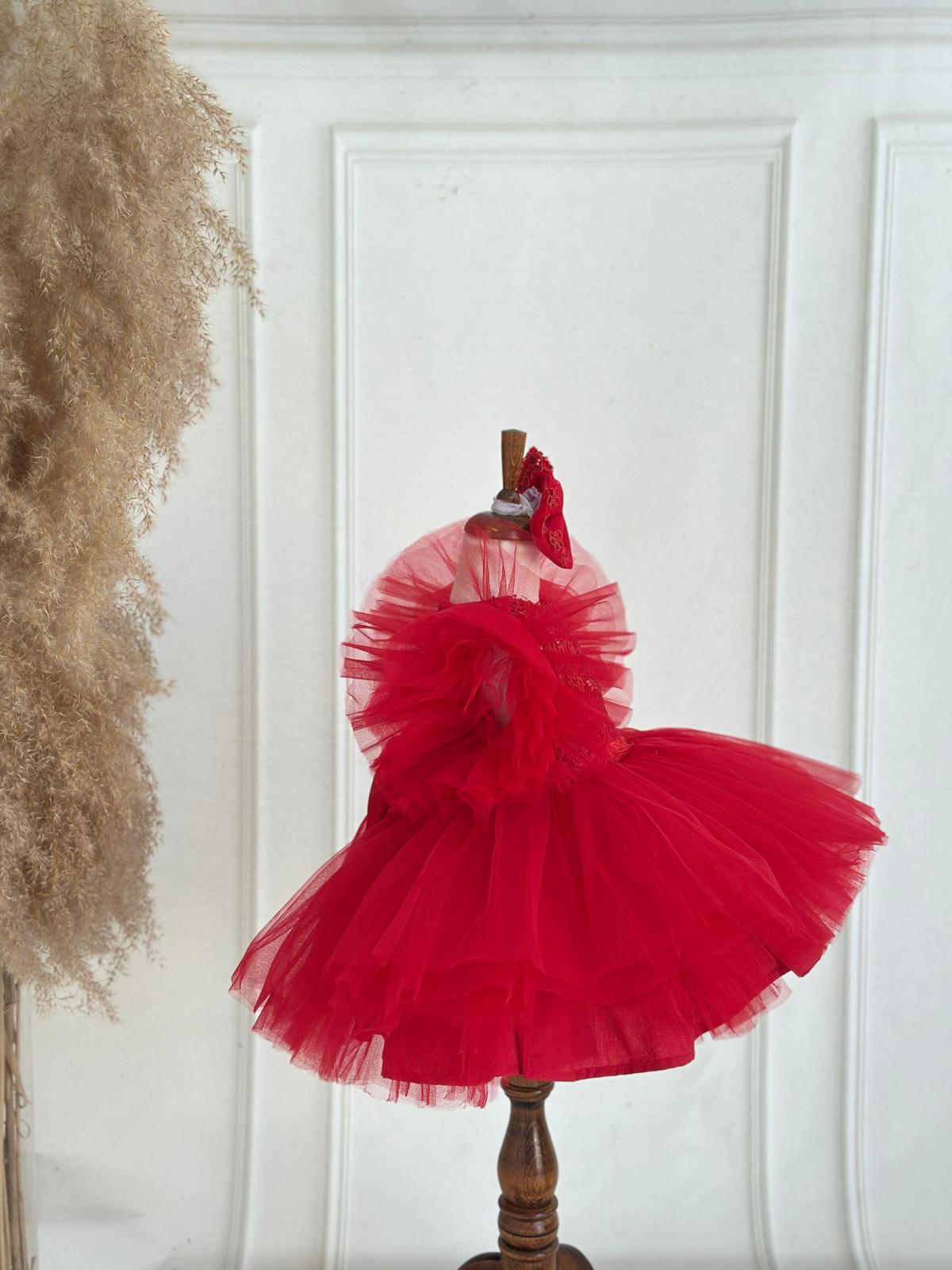 Luxury Red Embroidered Tulle Dress with Puff Sleeves & Bow | Baby & Girls Special Occasion Dress