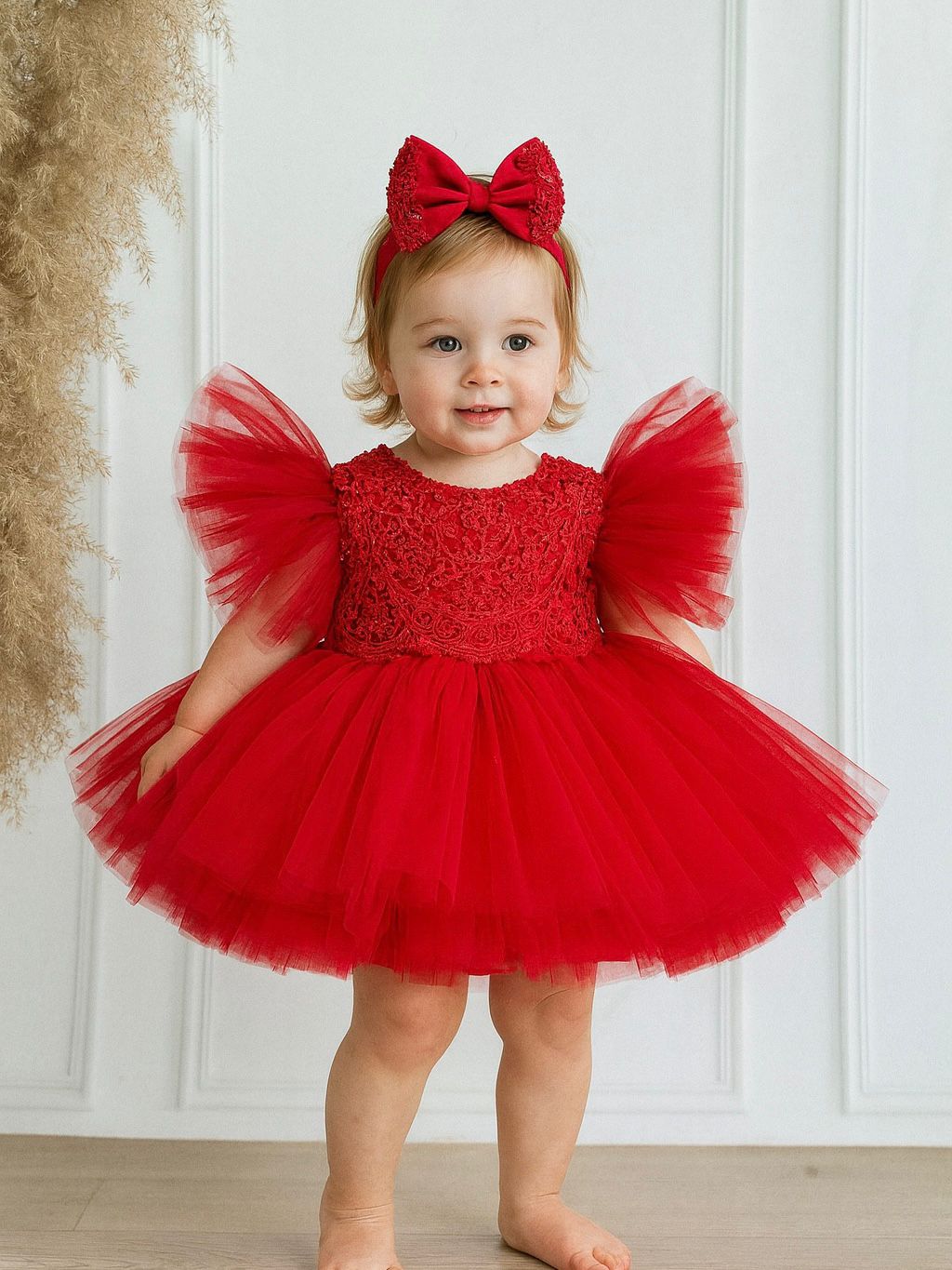 Luxury Red Embroidered Tulle Dress with Puff Sleeves & Bow | Baby & Girls Special Occasion Dress