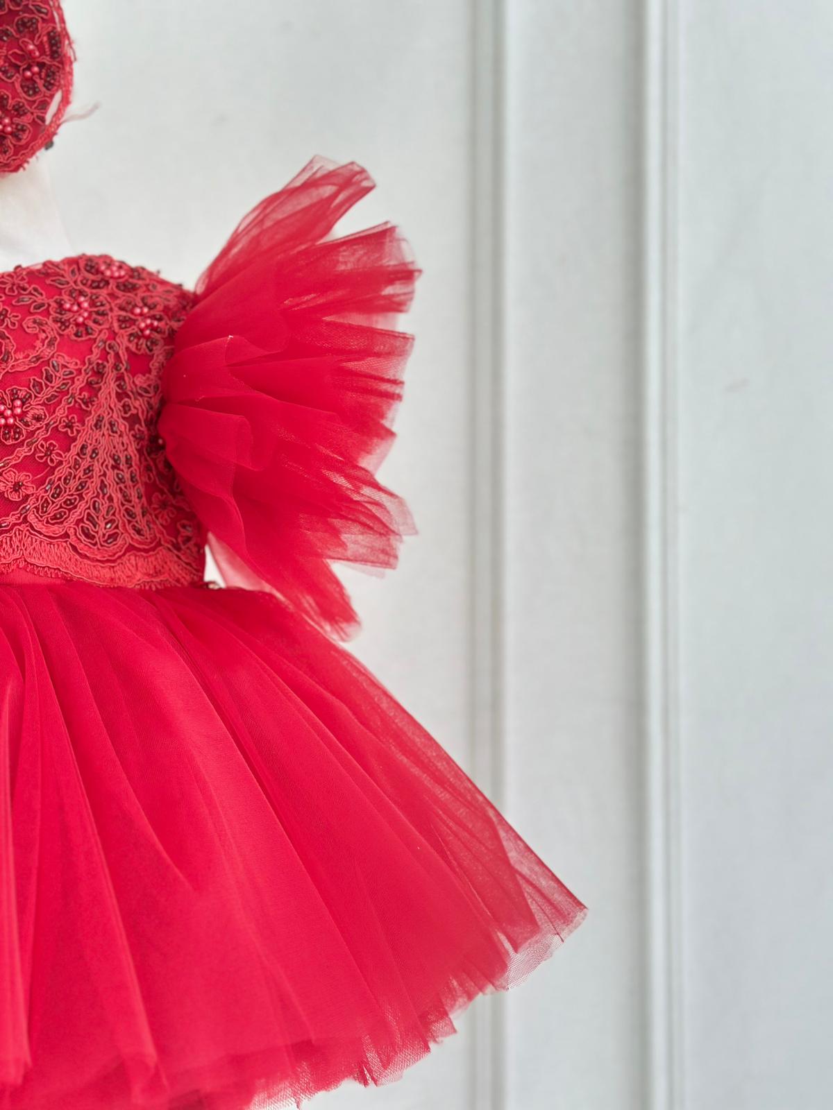 Luxury Red Embroidered Tulle Dress with Puff Sleeves & Bow | Baby & Girls Special Occasion Dress
