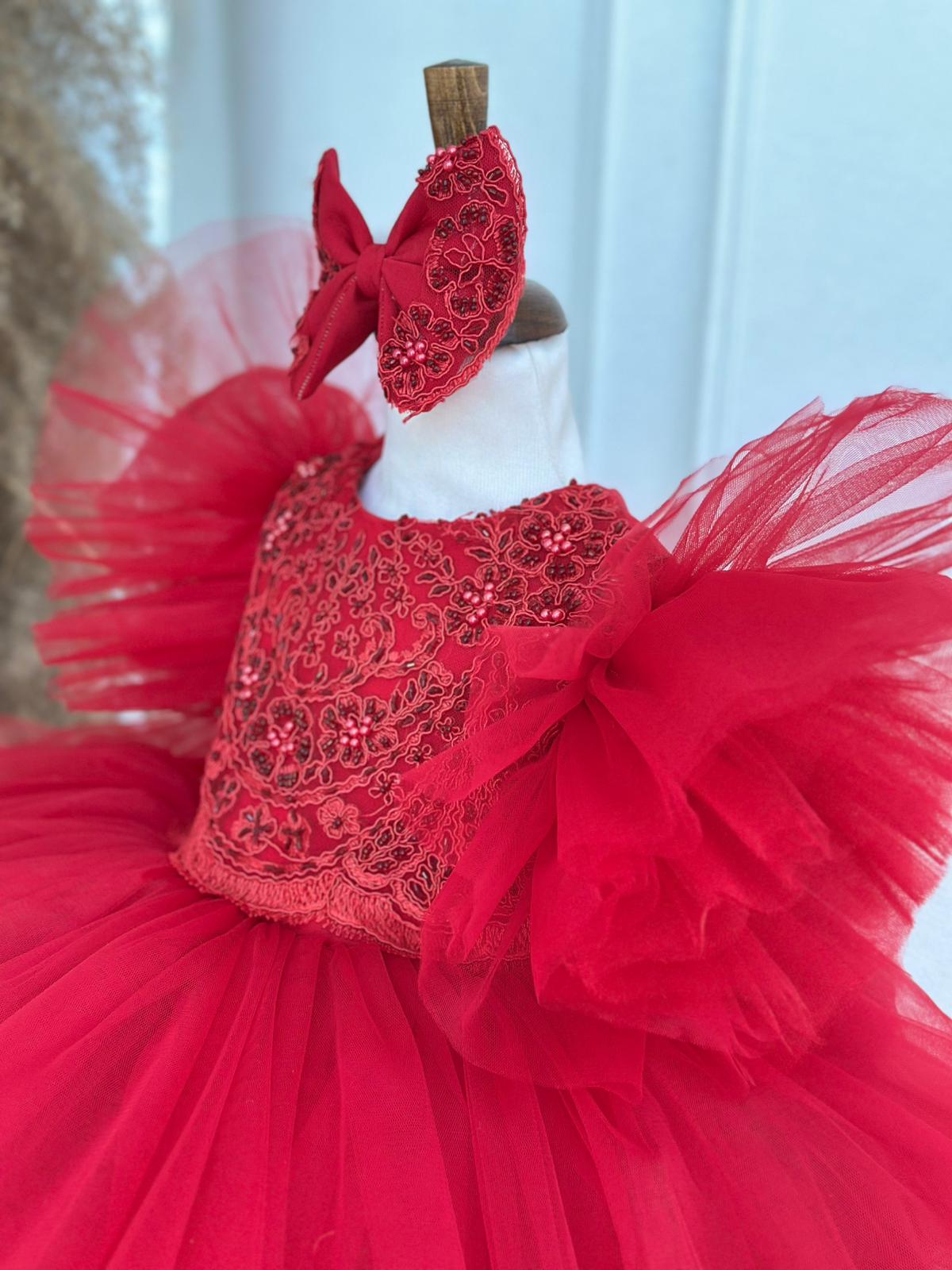 Luxury Red Embroidered Tulle Dress with Puff Sleeves & Bow | Baby & Girls Special Occasion Dress