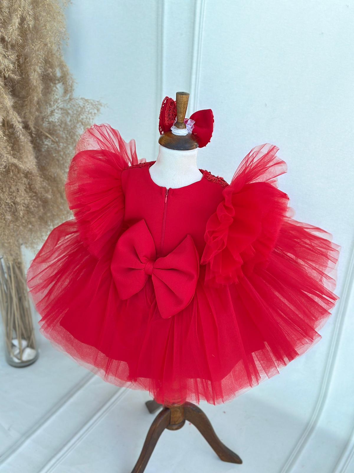 Luxury Red Embroidered Tulle Dress with Puff Sleeves & Bow | Baby & Girls Special Occasion Dress