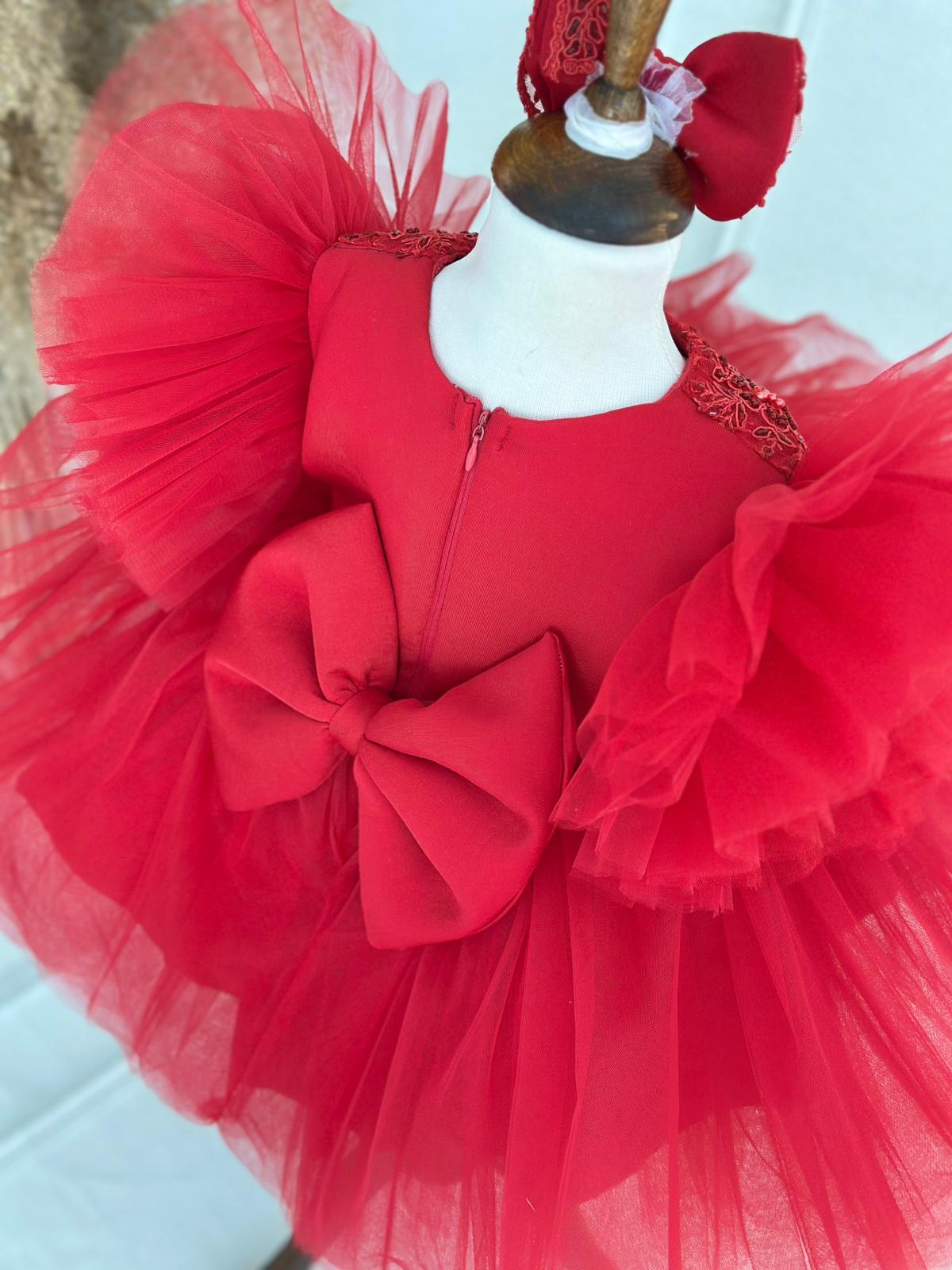 Luxury Red Embroidered Tulle Dress with Puff Sleeves & Bow | Baby & Girls Special Occasion Dress