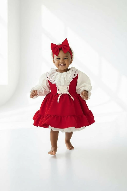 Red Ruffled Baby Girl Dress | Lace Collar and Puff Sleeve Design