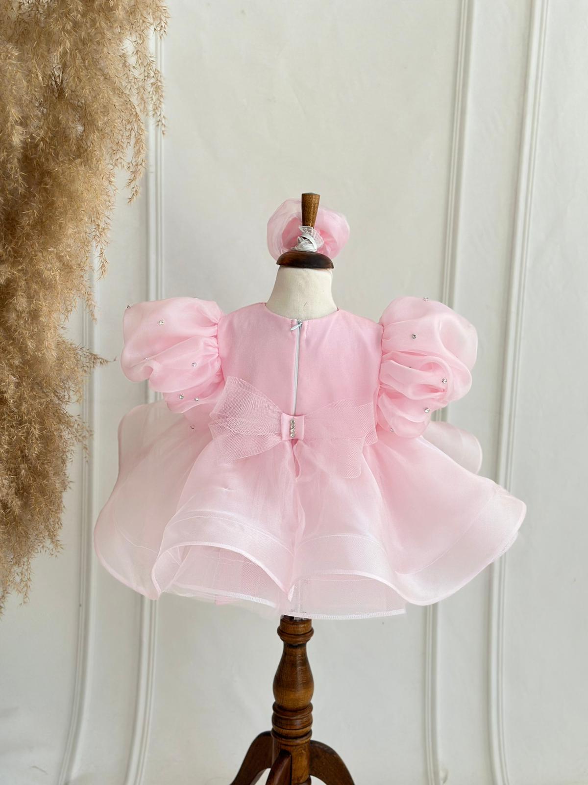 Pink Pearl Puff Sleeve Tulle Dress for Girls – Bow Back & Matching Headpiece