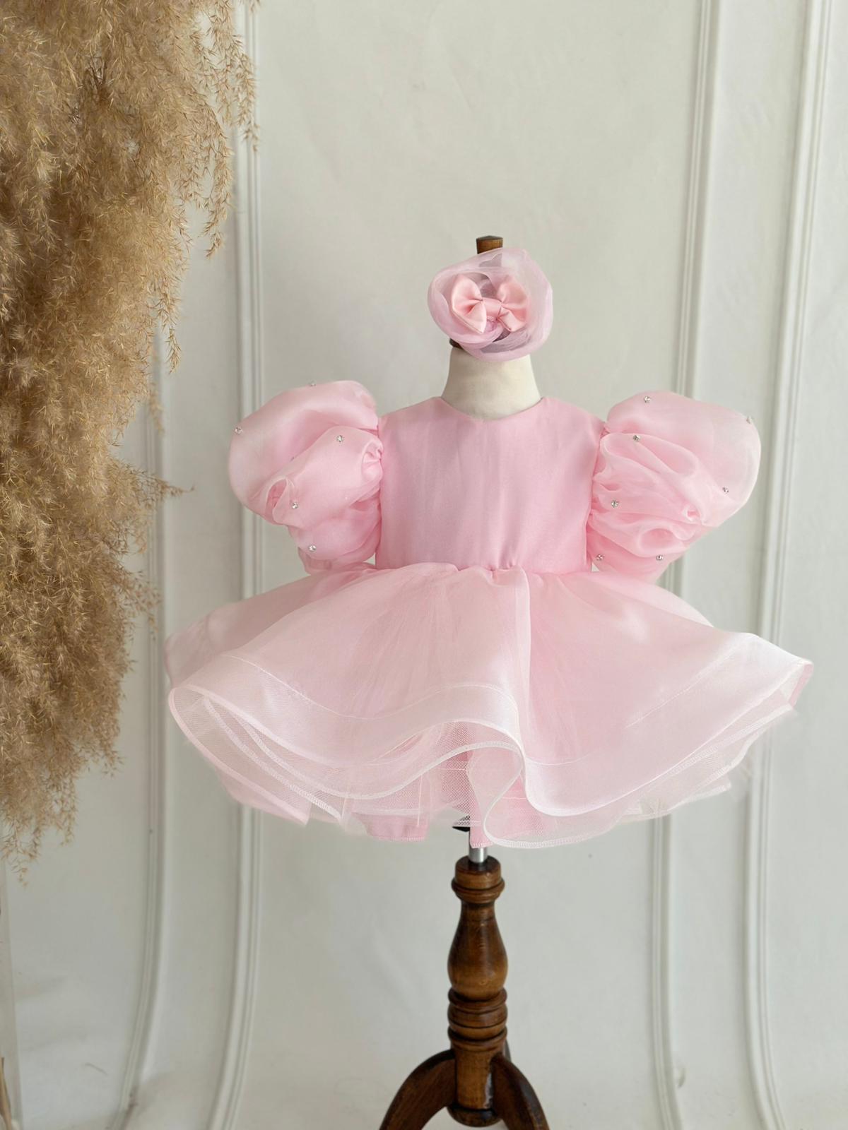 Pink Pearl Puff Sleeve Tulle Dress for Girls – Bow Back & Matching Headpiece