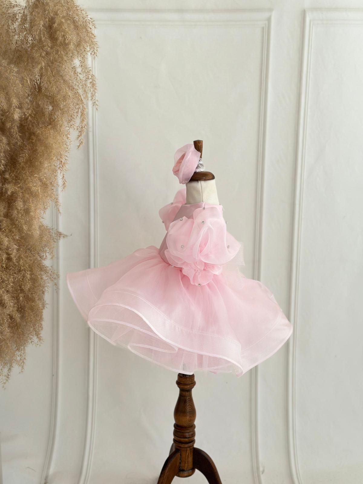 Pink Pearl Puff Sleeve Tulle Dress for Girls – Bow Back & Matching Headpiece