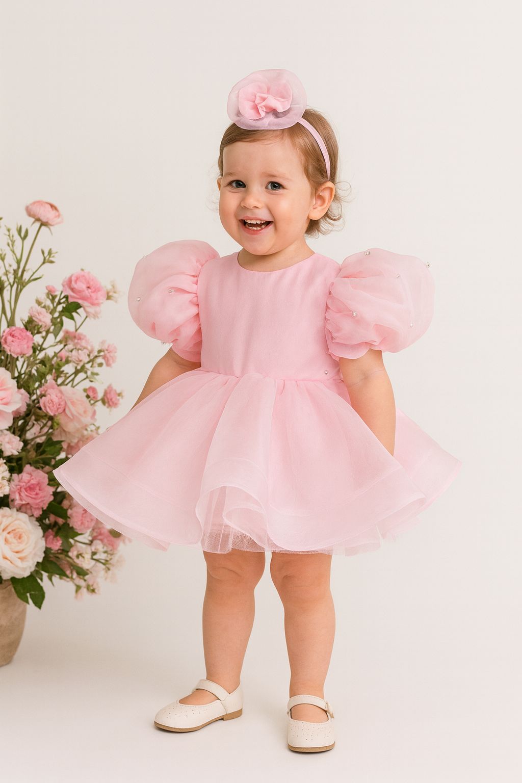 Pink Pearl Puff Sleeve Tulle Dress for Girls – Bow Back & Matching Headpiece