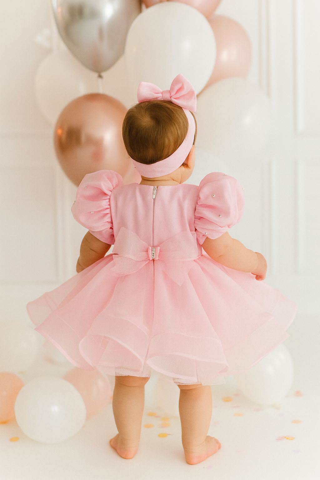 Pink Pearl Puff Sleeve Tulle Dress for Girls – Bow Back & Matching Headpiece