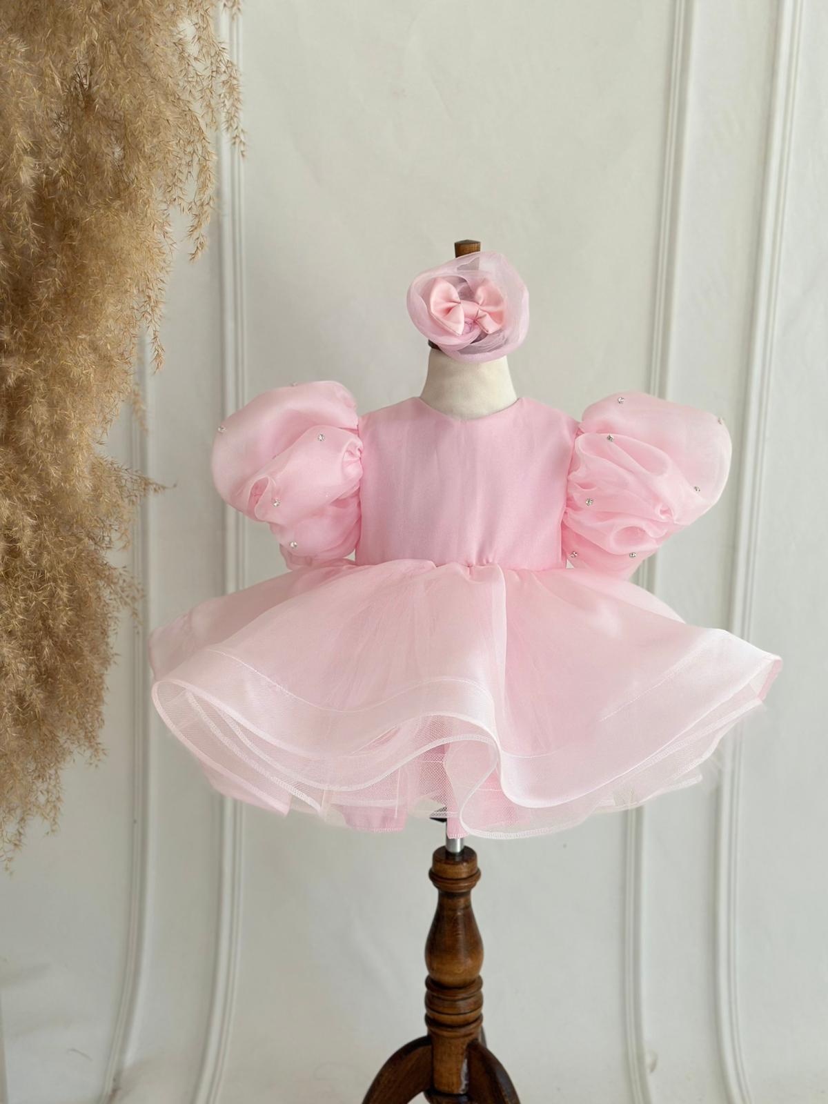 Pink Pearl Puff Sleeve Tulle Dress for Girls – Bow Back & Matching Headpiece