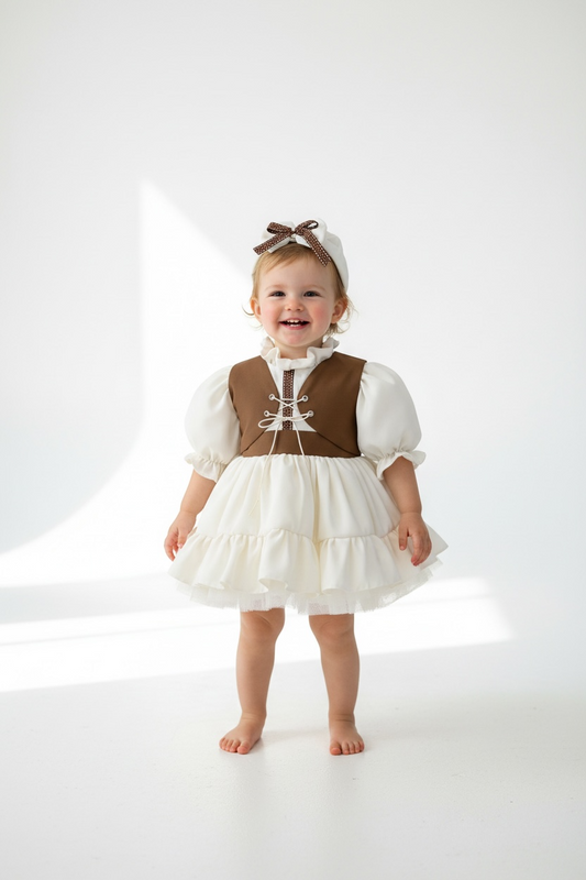 Vintage-Inspired Special Occasion Dress with Crepe Vest