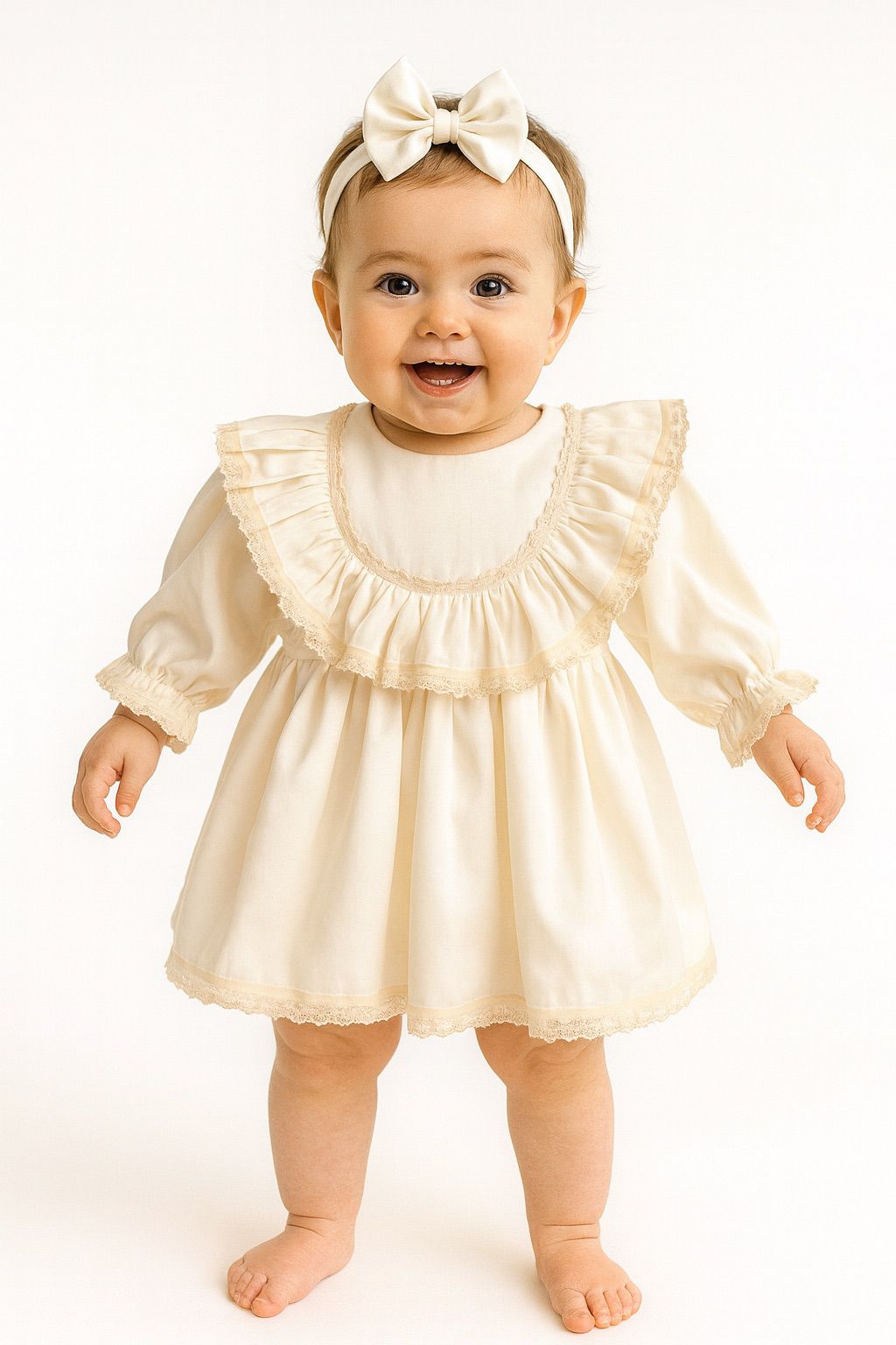 Lace-Trimmed Ruffle Hem Baptism Dress - Cream