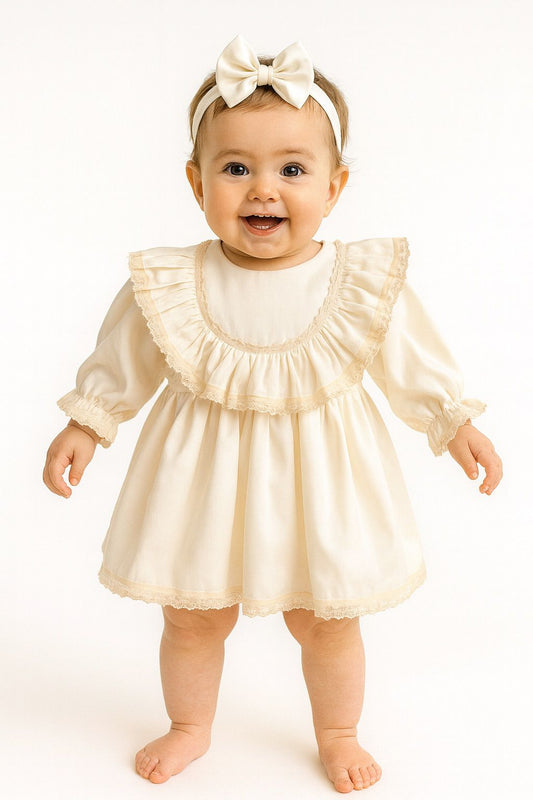 Lace-Trimmed Ruffle Hem Baptism Dress - Cream