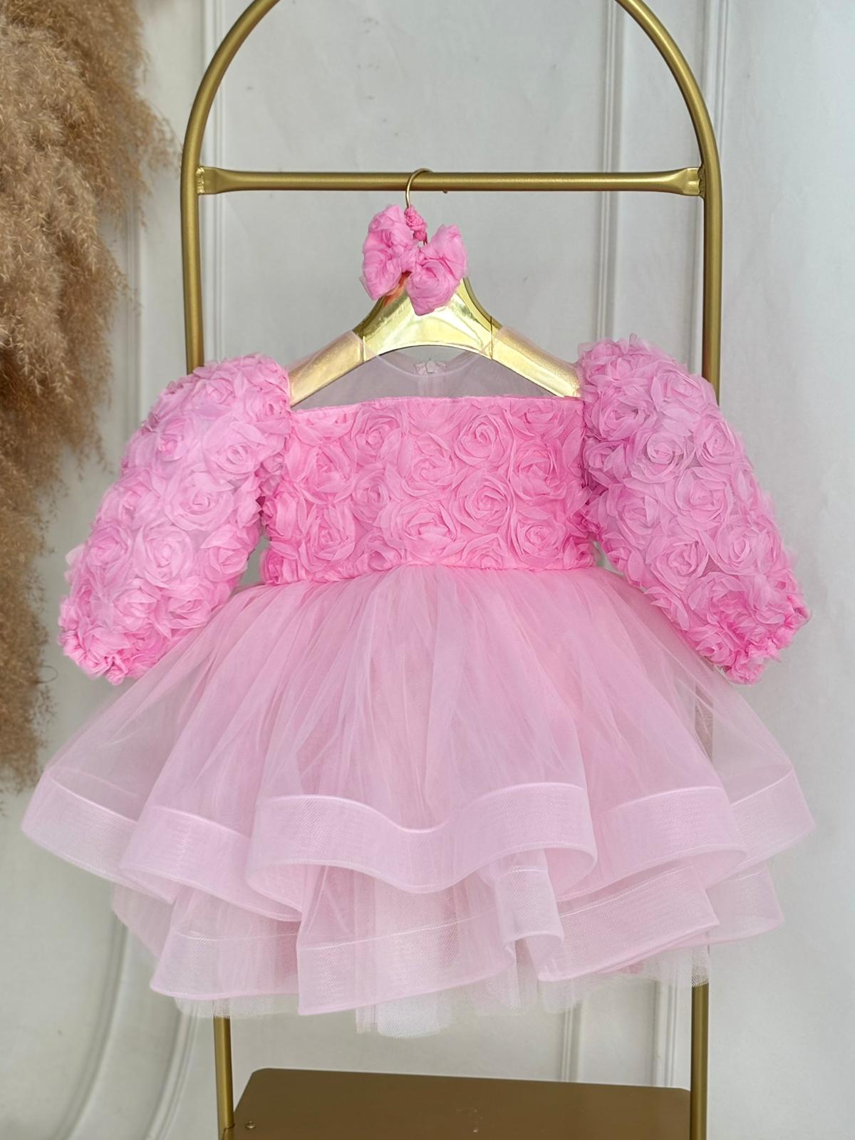 Pink Floral Puffy Tulle Baby Girl Dress | Birthday & Special Occasion Dress