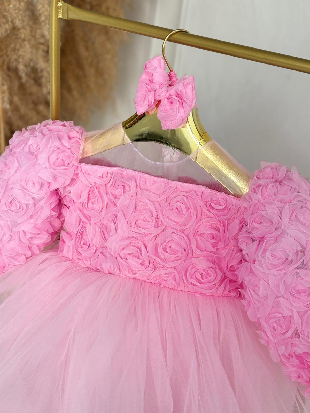 Pink Floral Puffy Tulle Baby Girl Dress | Birthday & Special Occasion Dress