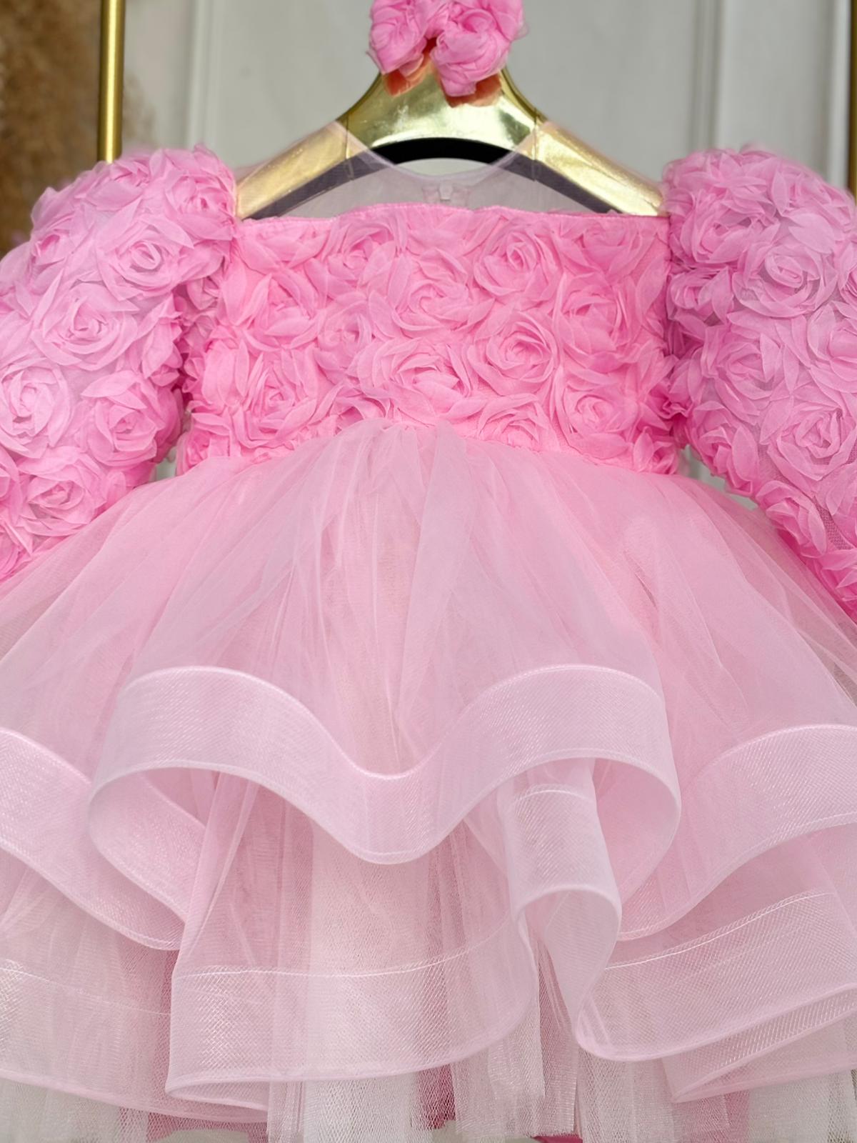 Pink Floral Puffy Tulle Baby Girl Dress | Birthday & Special Occasion Dress