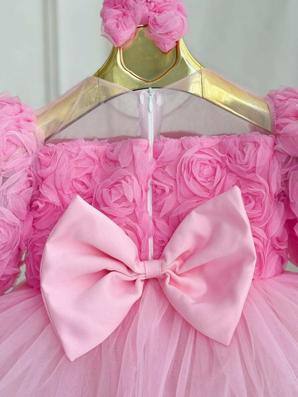 Pink Floral Puffy Tulle Baby Girl Dress | Birthday & Special Occasion Dress