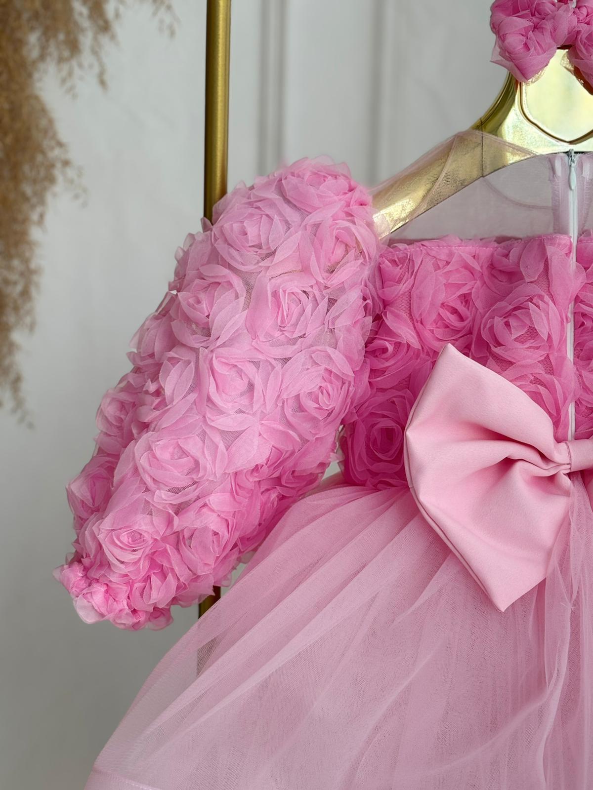 Pink Floral Puffy Tulle Baby Girl Dress | Birthday & Special Occasion Dress