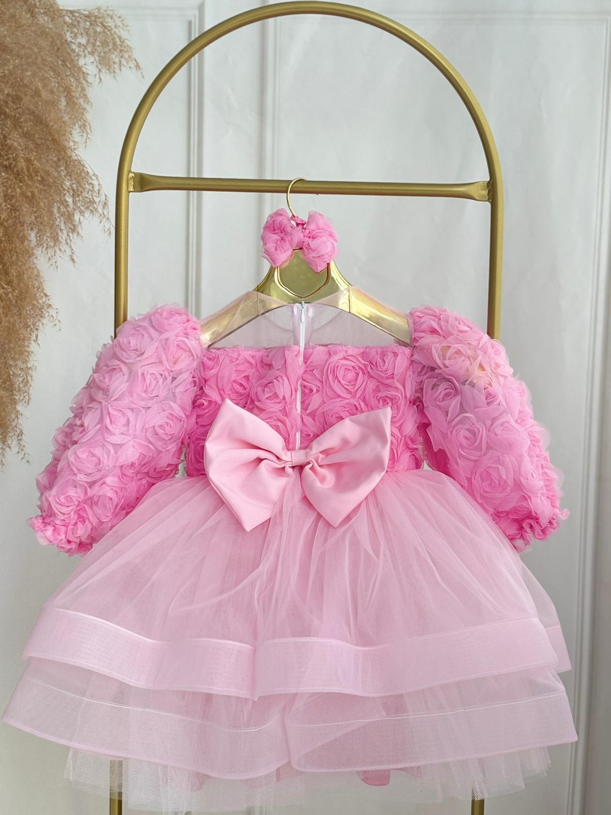 Pink Floral Puffy Tulle Baby Girl Dress | Birthday & Special Occasion Dress
