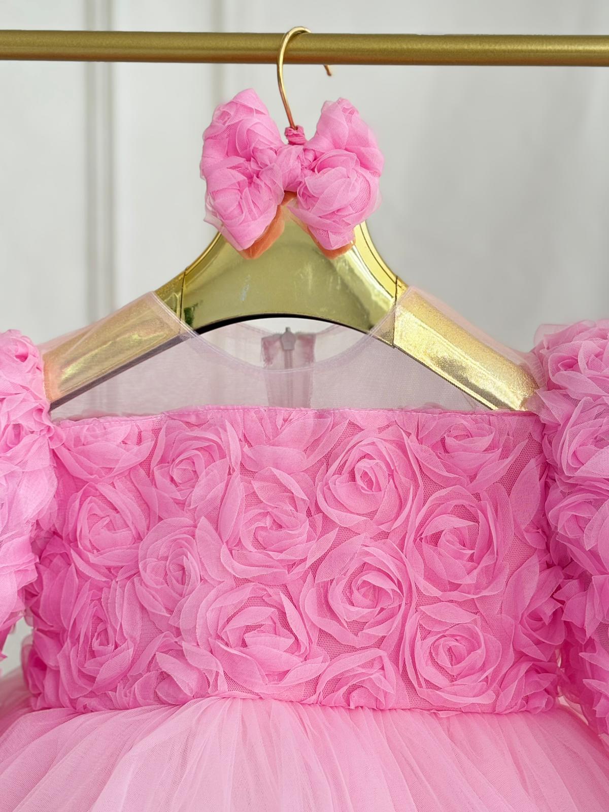 Pink Floral Puffy Tulle Baby Girl Dress | Birthday & Special Occasion Dress