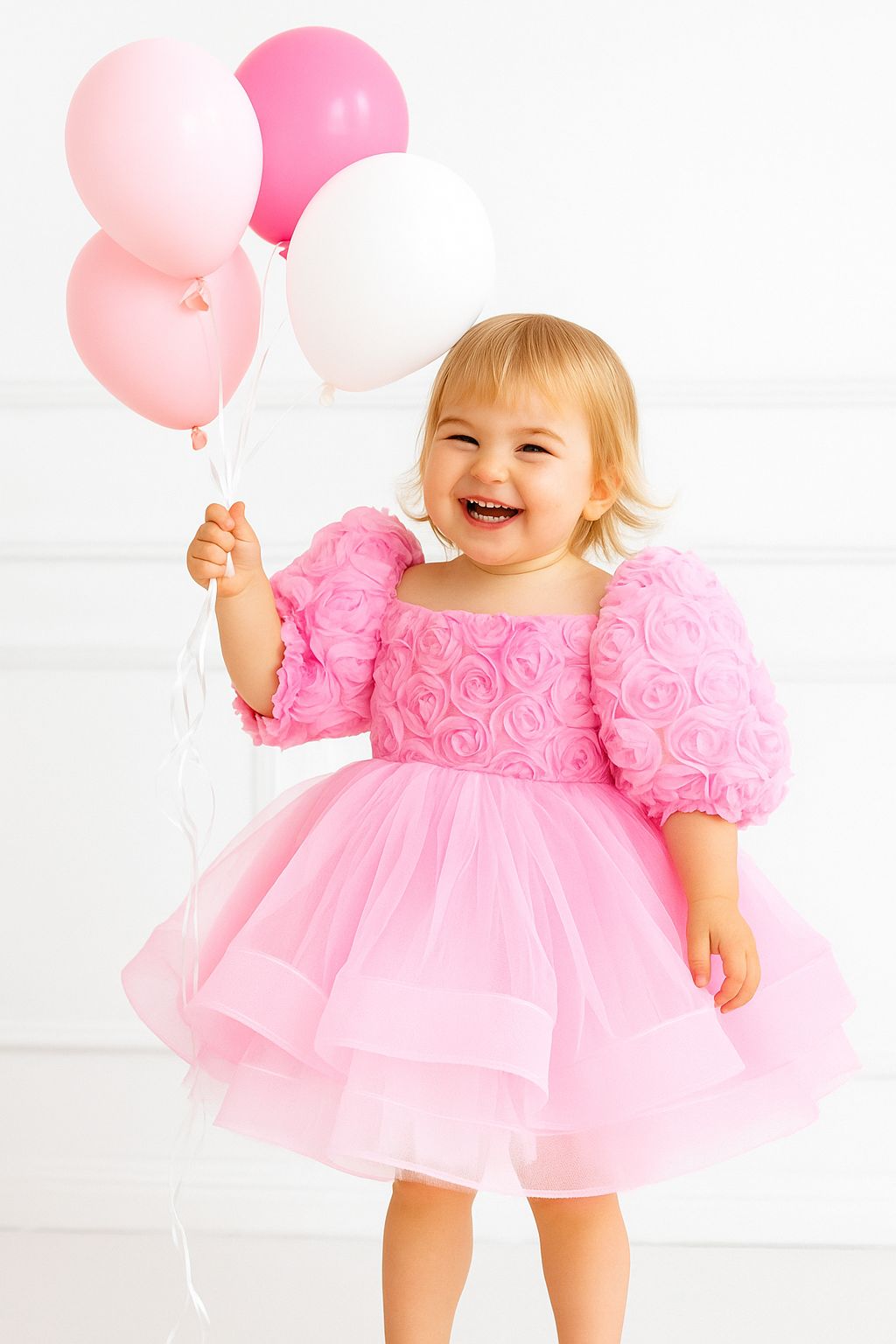 Pink Floral Puffy Tulle Baby Girl Dress | Birthday & Special Occasion Dress
