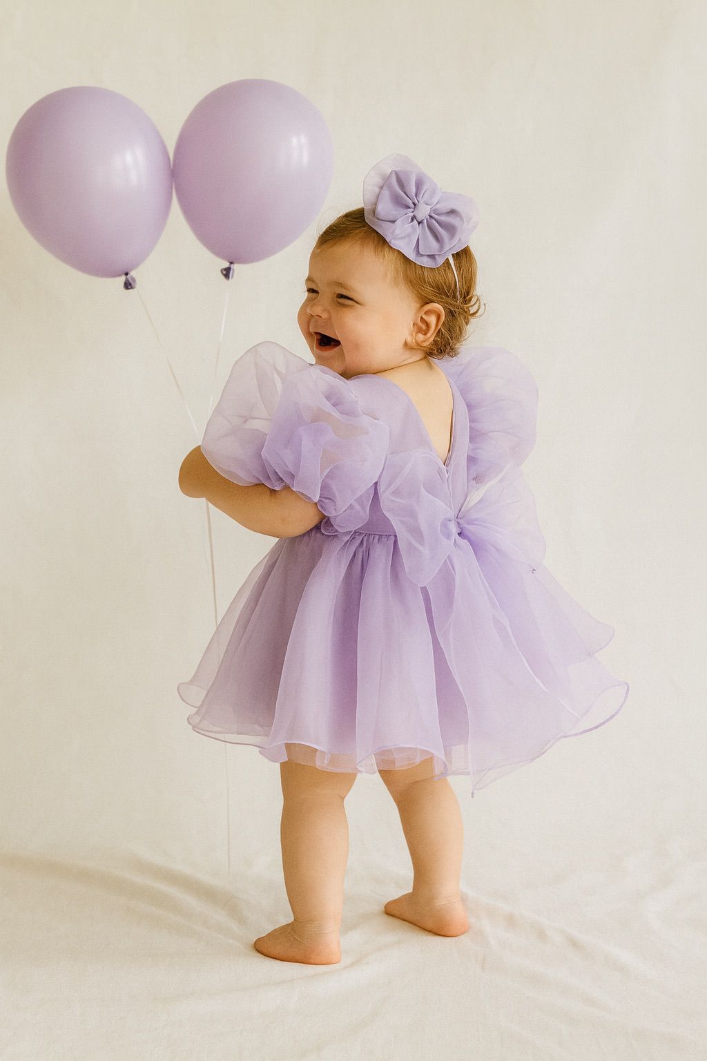 Lilac Tulle Birthday Dress for Girls – Puffy Sleeves + Bow Headband