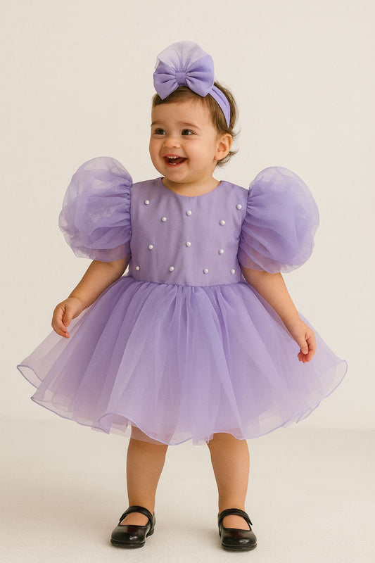 Lilac Organza Princess Dress for Baby & Toddler Girls – Pearl Embellished Birthday Dress