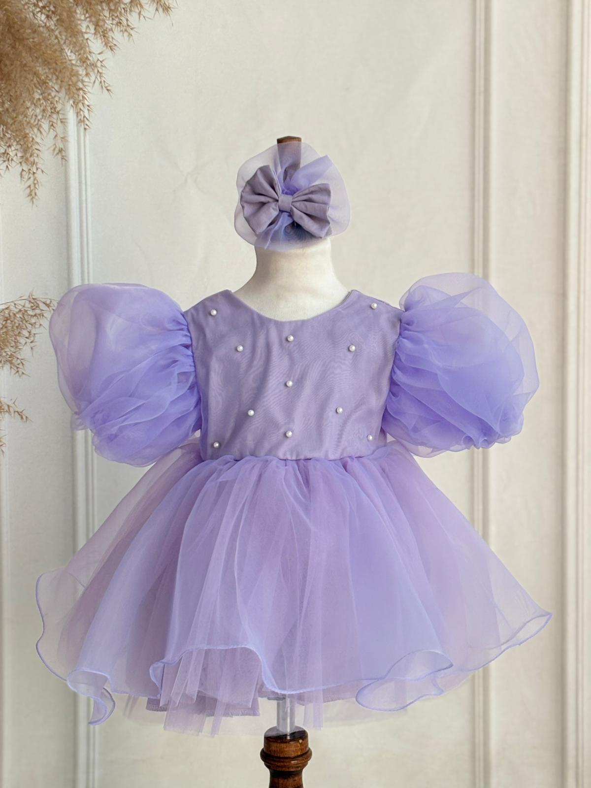 Lilac Organza Princess Dress for Baby & Toddler Girls – Pearl Embellished Birthday Dress