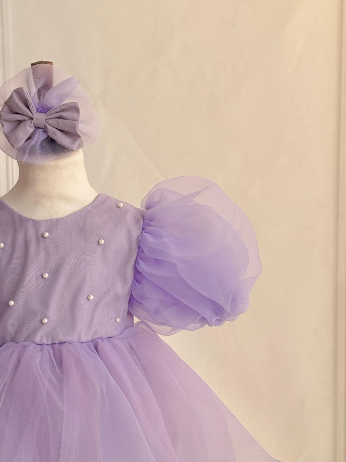 Lilac Organza Princess Dress for Baby & Toddler Girls – Pearl Embellished Birthday Dress