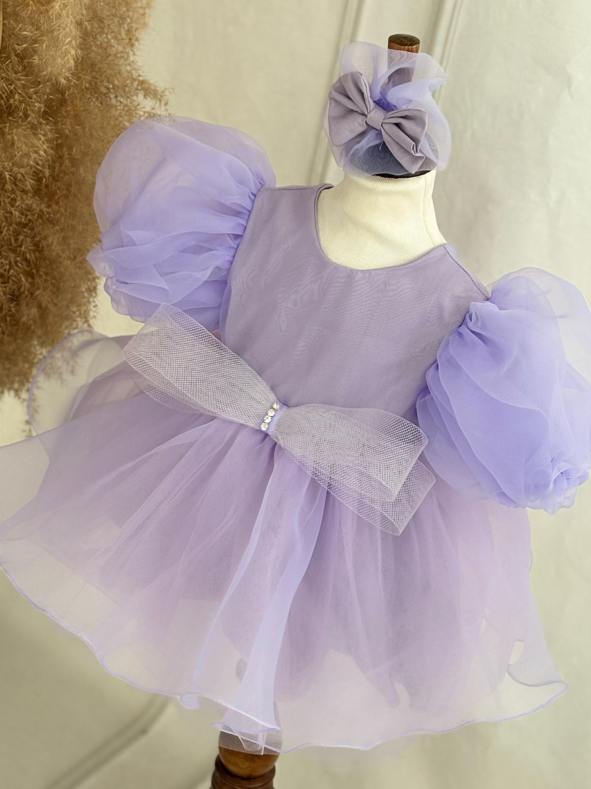 Lilac Tulle Birthday Dress for Girls – Puffy Sleeves + Bow Headband