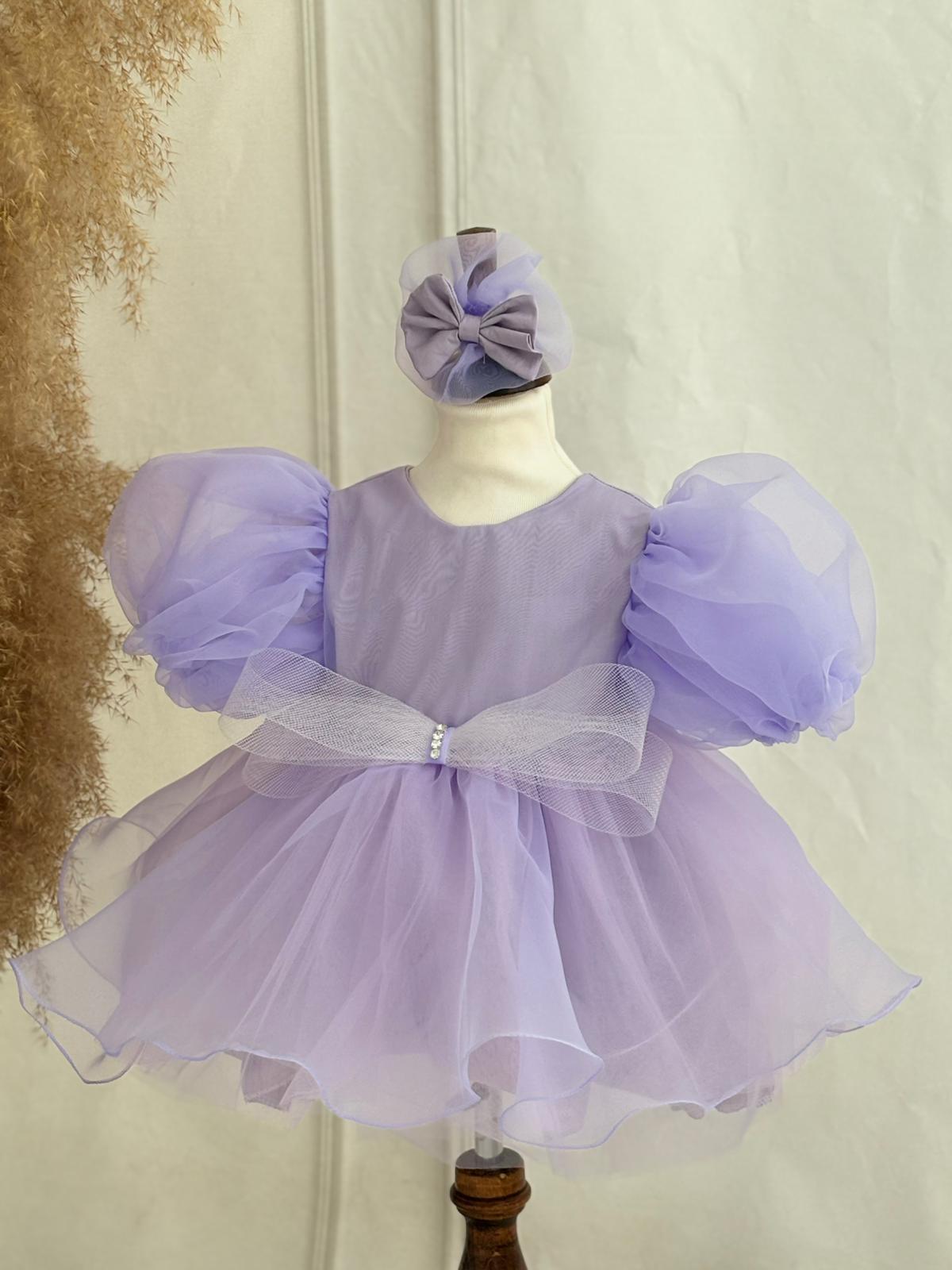 Lilac Tulle Birthday Dress for Girls – Puffy Sleeves + Bow Headband