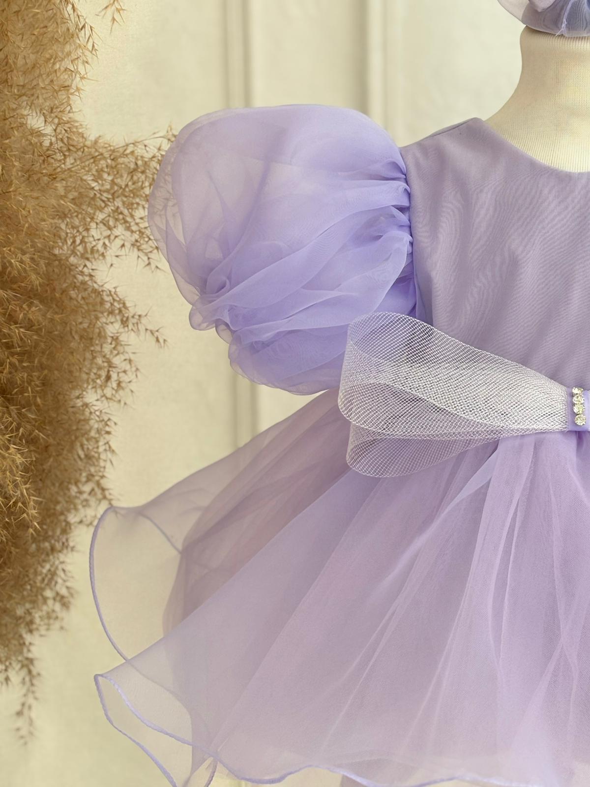 Lilac Tulle Birthday Dress for Girls – Puffy Sleeves + Bow Headband