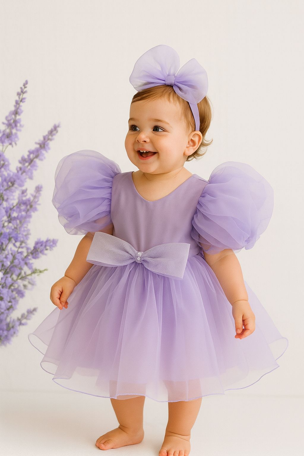 Lilac Tulle Birthday Dress for Girls – Puffy Sleeves + Bow Headband
