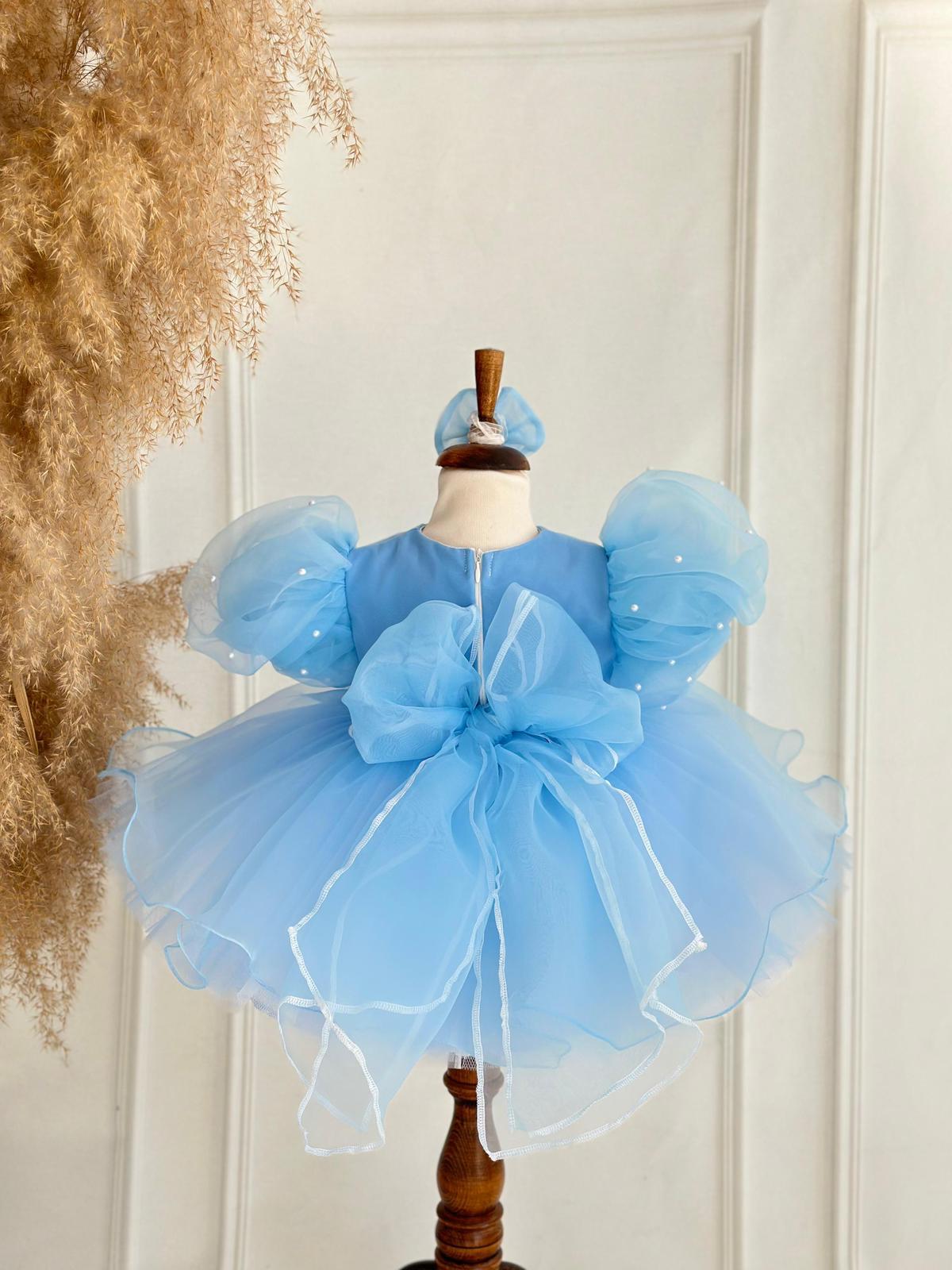 Baby Girl Light Blue Tulle Party Dress with Puffy Sleeves and Matching Headband