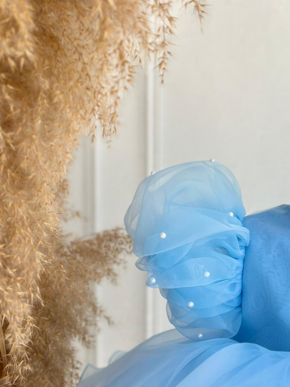 Baby Girl Light Blue Tulle Party Dress with Puffy Sleeves and Matching Headband