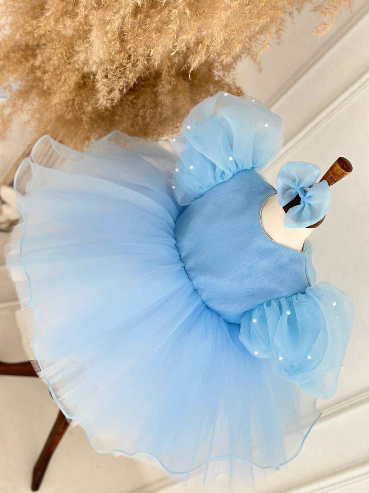 Baby Girl Light Blue Tulle Party Dress with Puffy Sleeves and Matching Headband