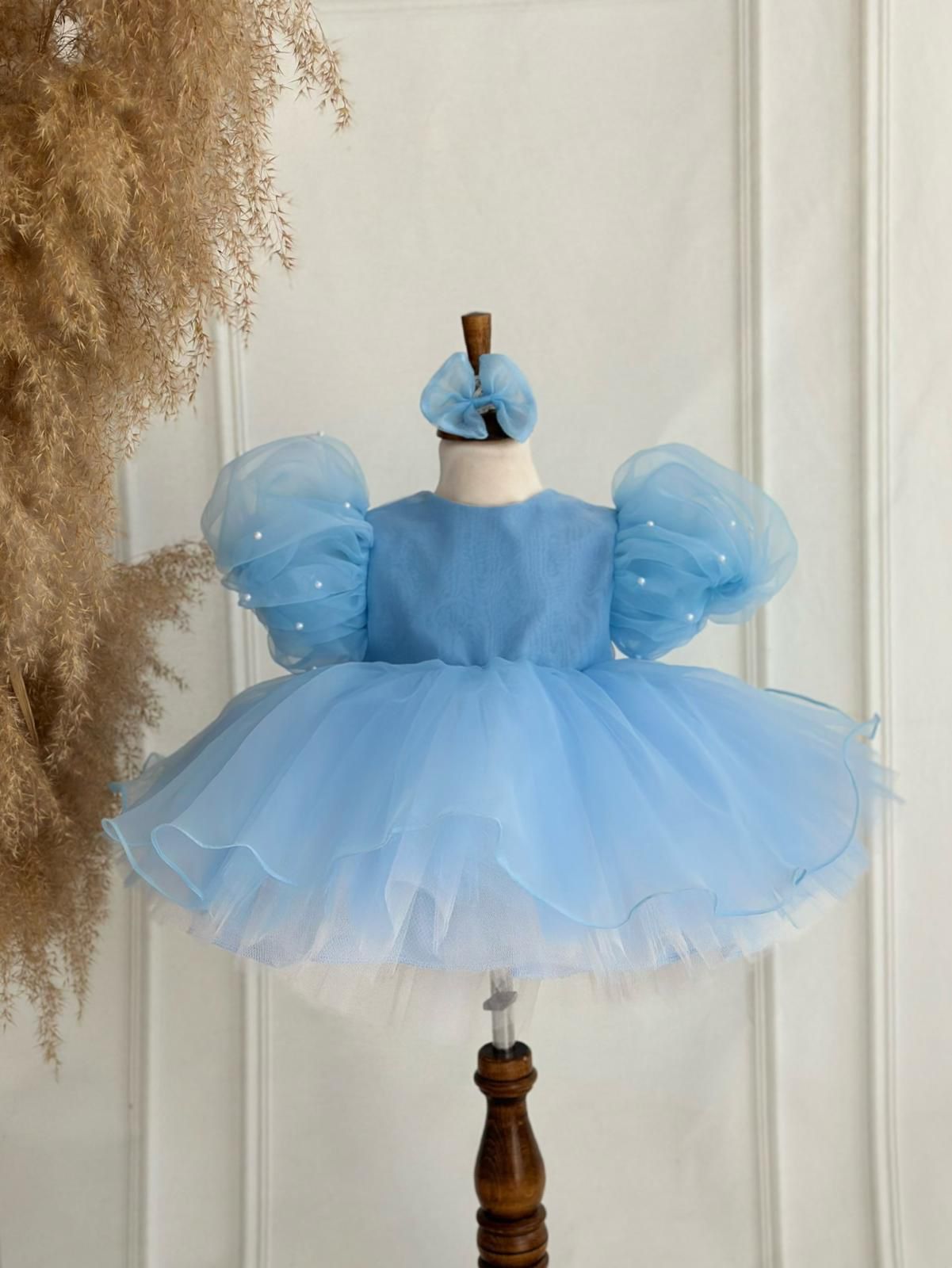Baby Girl Light Blue Tulle Party Dress with Puffy Sleeves and Matching Headband