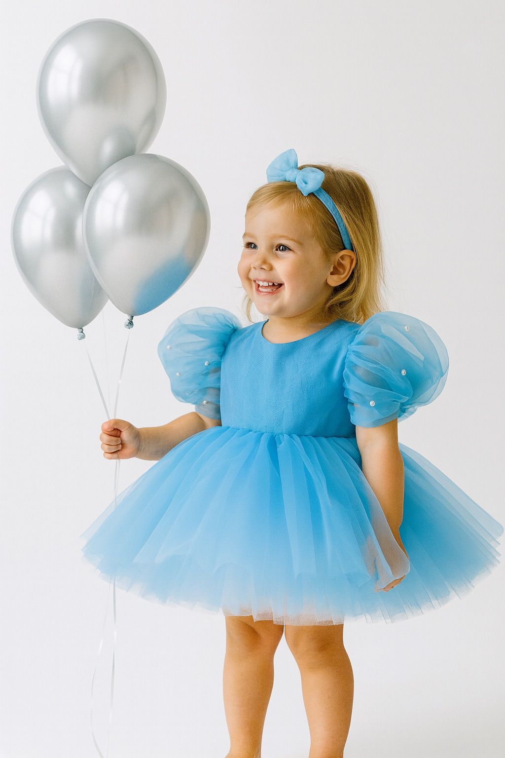 Baby Girl Light Blue Tulle Party Dress with Puffy Sleeves and Matching Headband