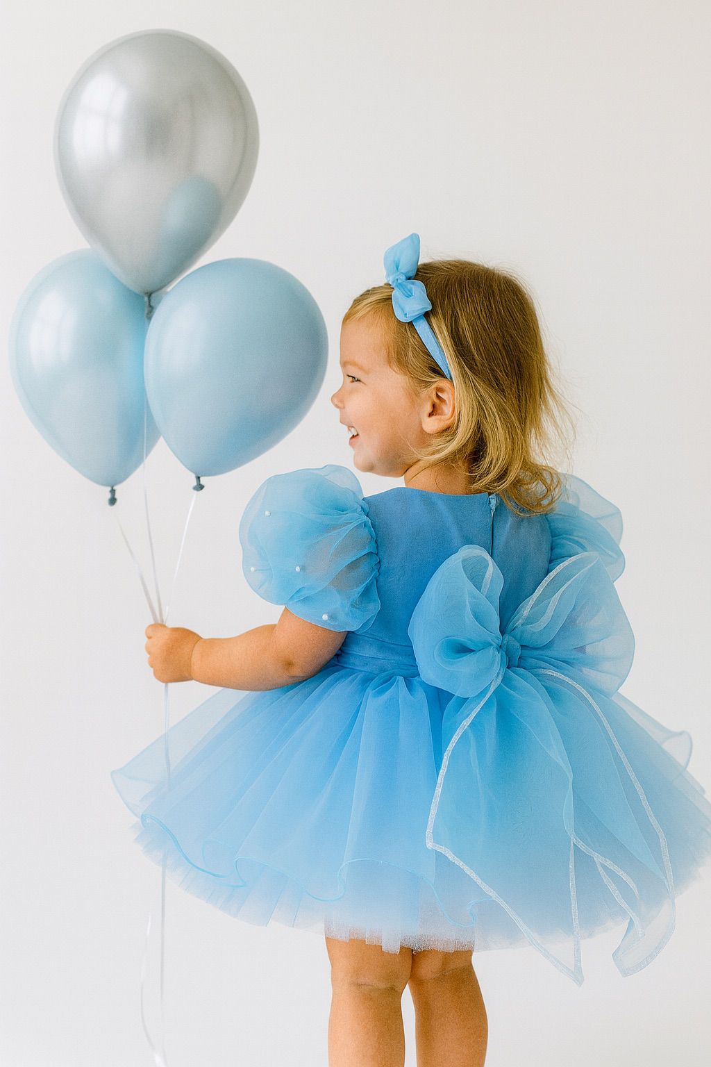 Baby Girl Light Blue Tulle Party Dress with Puffy Sleeves and Matching Headband