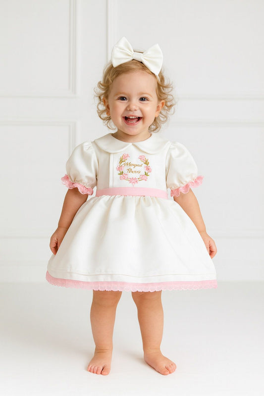 Elegant Baby Girl Satin Dress with Pink Embroidery – Personalized Christening or Birthday Outfit