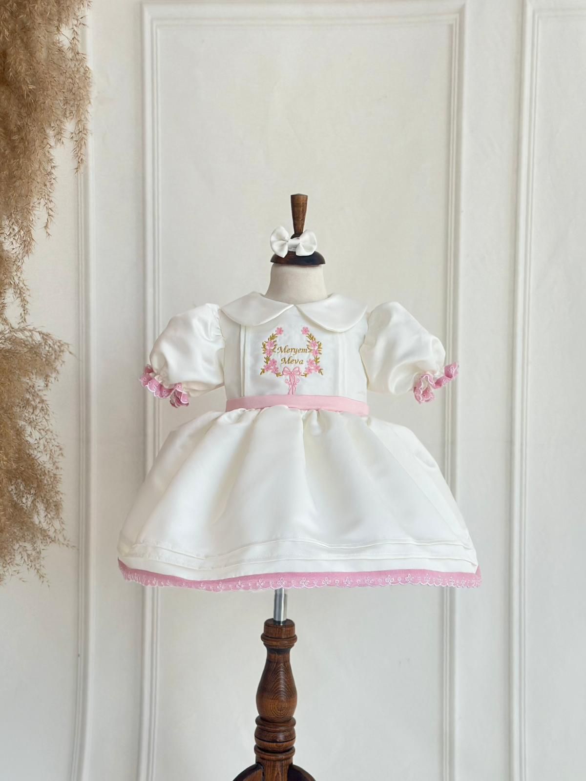 Elegant Baby Girl Satin Dress with Pink Embroidery – Personalized Christening or Birthday Outfit