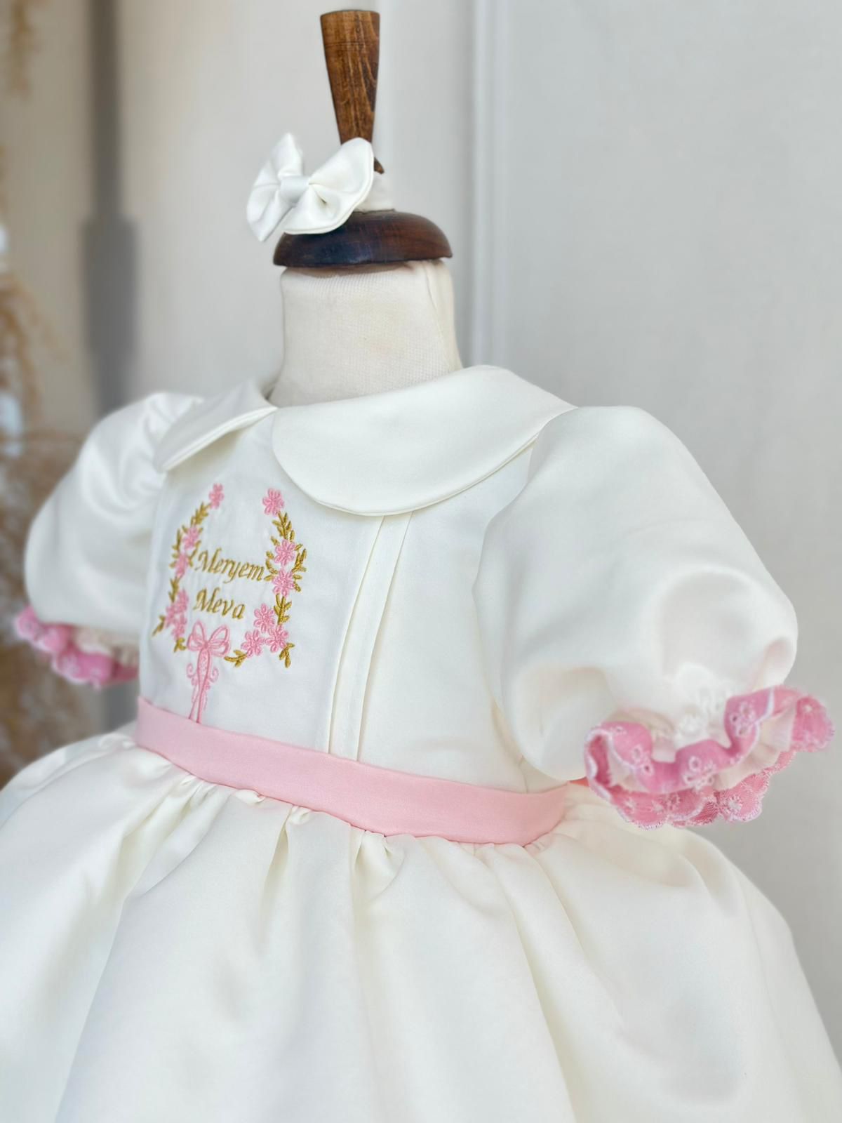 Elegant Baby Girl Satin Dress with Pink Embroidery – Personalized Christening or Birthday Outfit