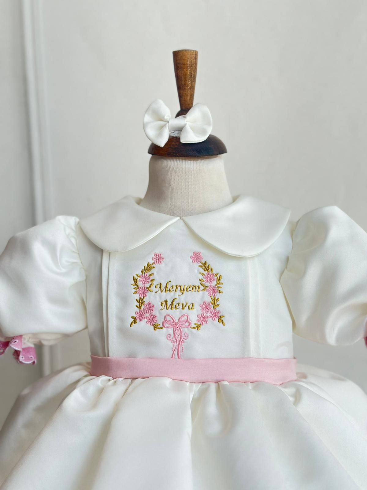 Elegant Baby Girl Satin Dress with Pink Embroidery – Personalized Christening or Birthday Outfit