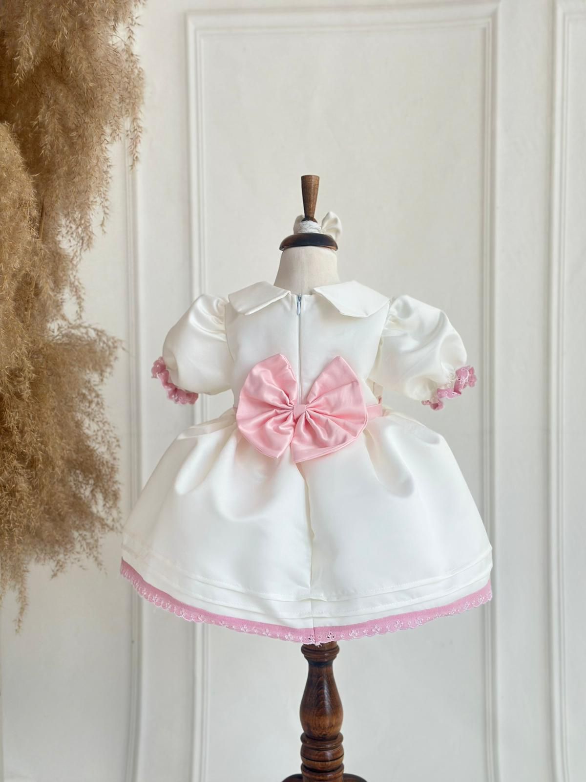 Elegant Baby Girl Satin Dress with Pink Embroidery – Personalized Christening or Birthday Outfit
