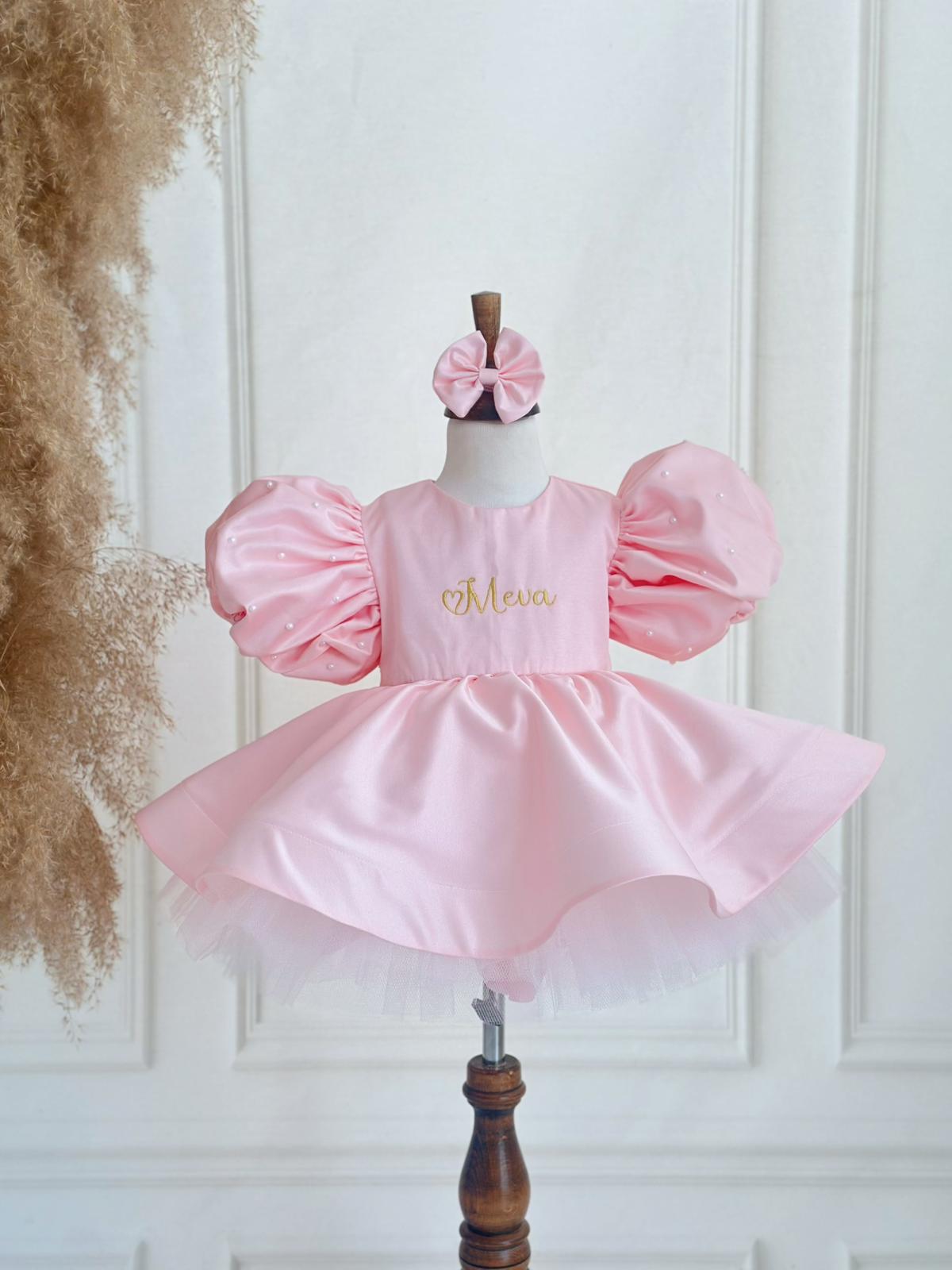 Personalized Pink Puff Sleeve Baby Girl Dress with Name Embroidery – Elegant Birthday & Party Outfit