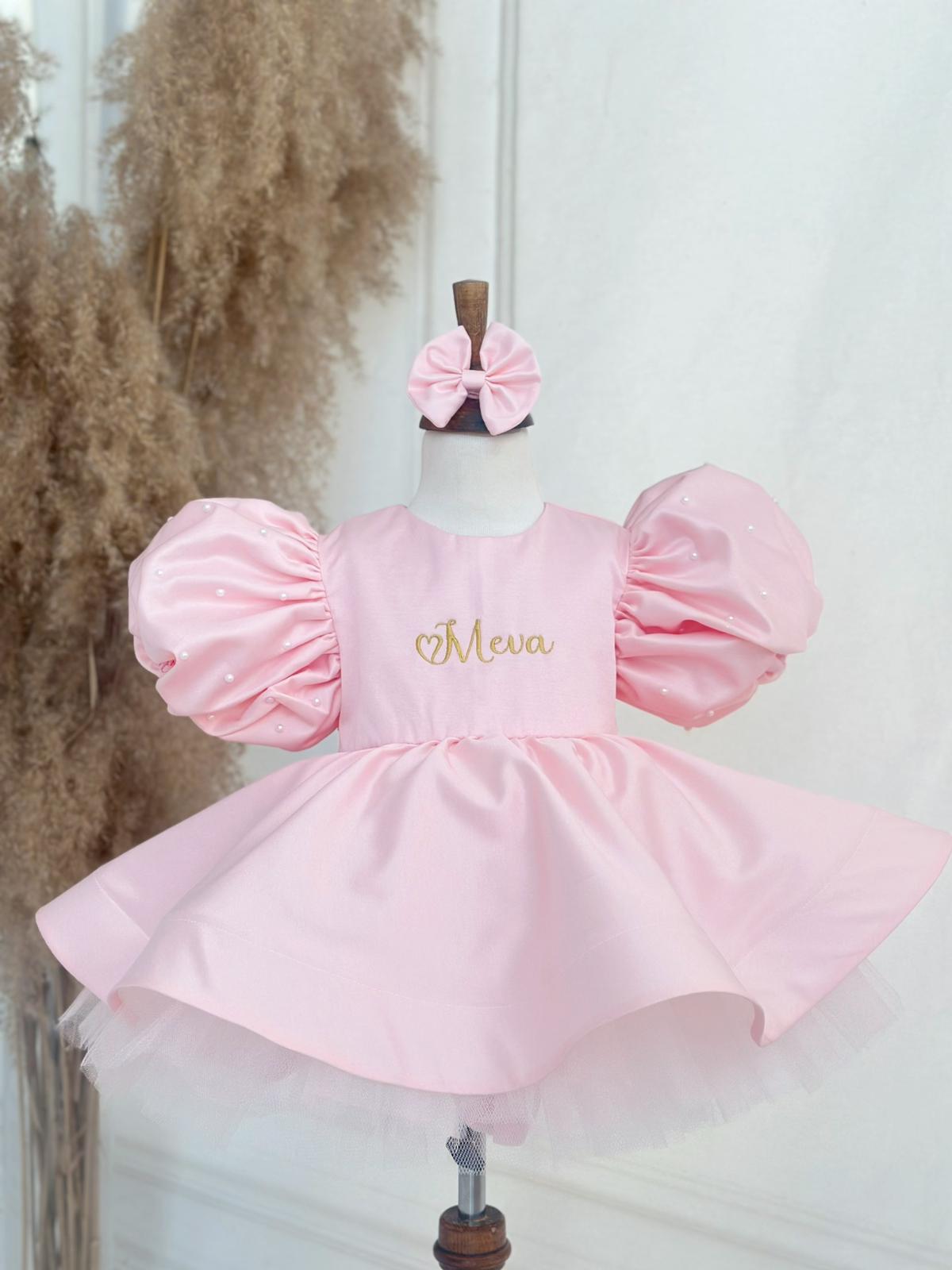 Personalized Pink Puff Sleeve Baby Girl Dress with Name Embroidery – Elegant Birthday & Party Outfit