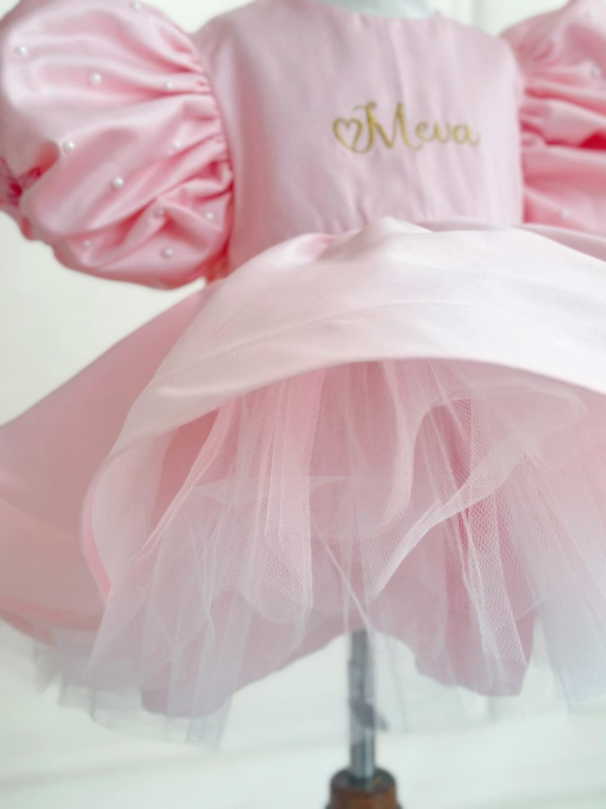 Personalized Pink Puff Sleeve Baby Girl Dress with Name Embroidery – Elegant Birthday & Party Outfit