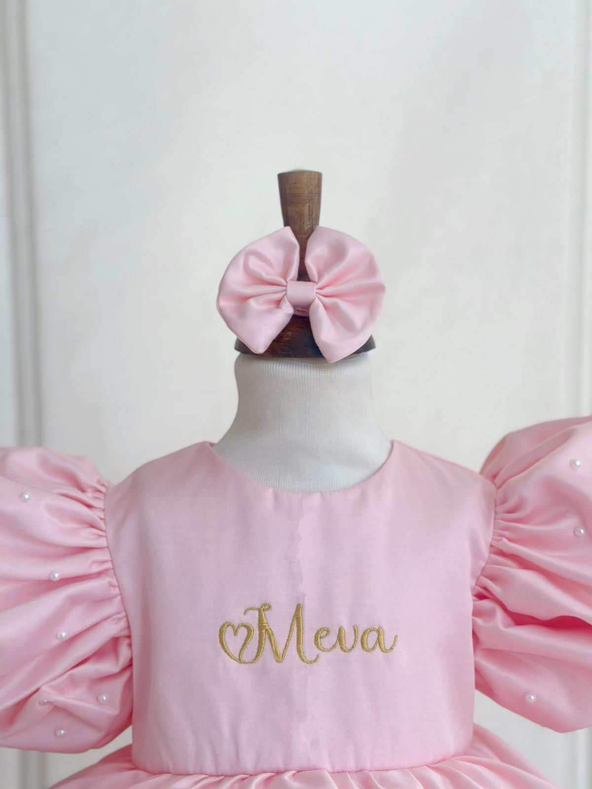 Personalized Pink Puff Sleeve Baby Girl Dress with Name Embroidery – Elegant Birthday & Party Outfit