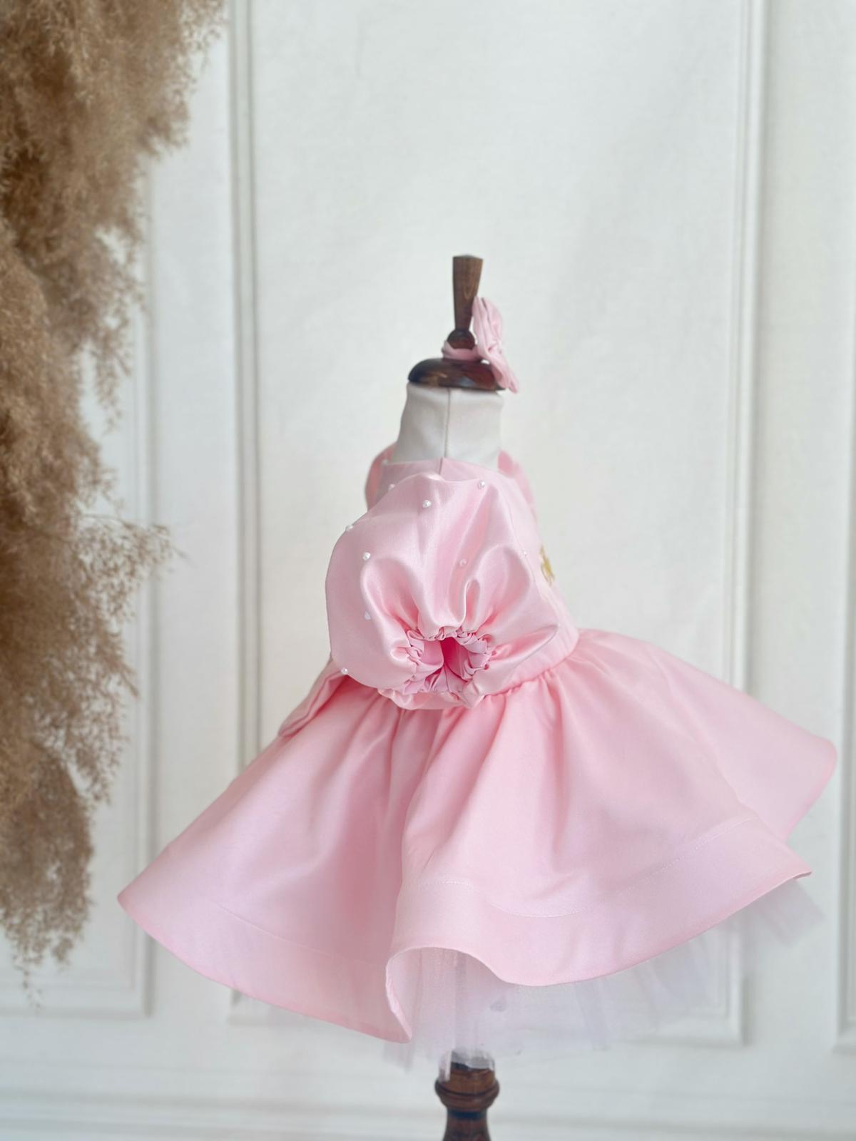 Personalized Pink Puff Sleeve Baby Girl Dress with Name Embroidery – Elegant Birthday & Party Outfit