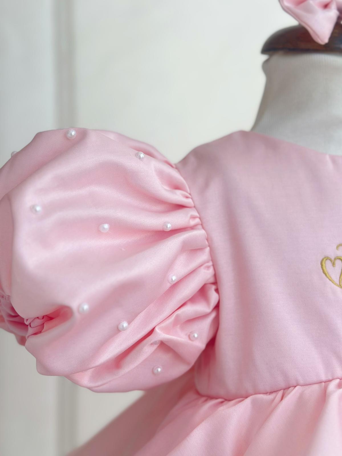 Personalized Pink Puff Sleeve Baby Girl Dress with Name Embroidery – Elegant Birthday & Party Outfit